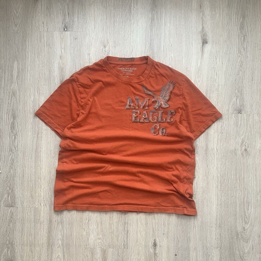 Y2K American Eagle T-Shirt Mens Large Orange Vintage Preppy Skater Distressed